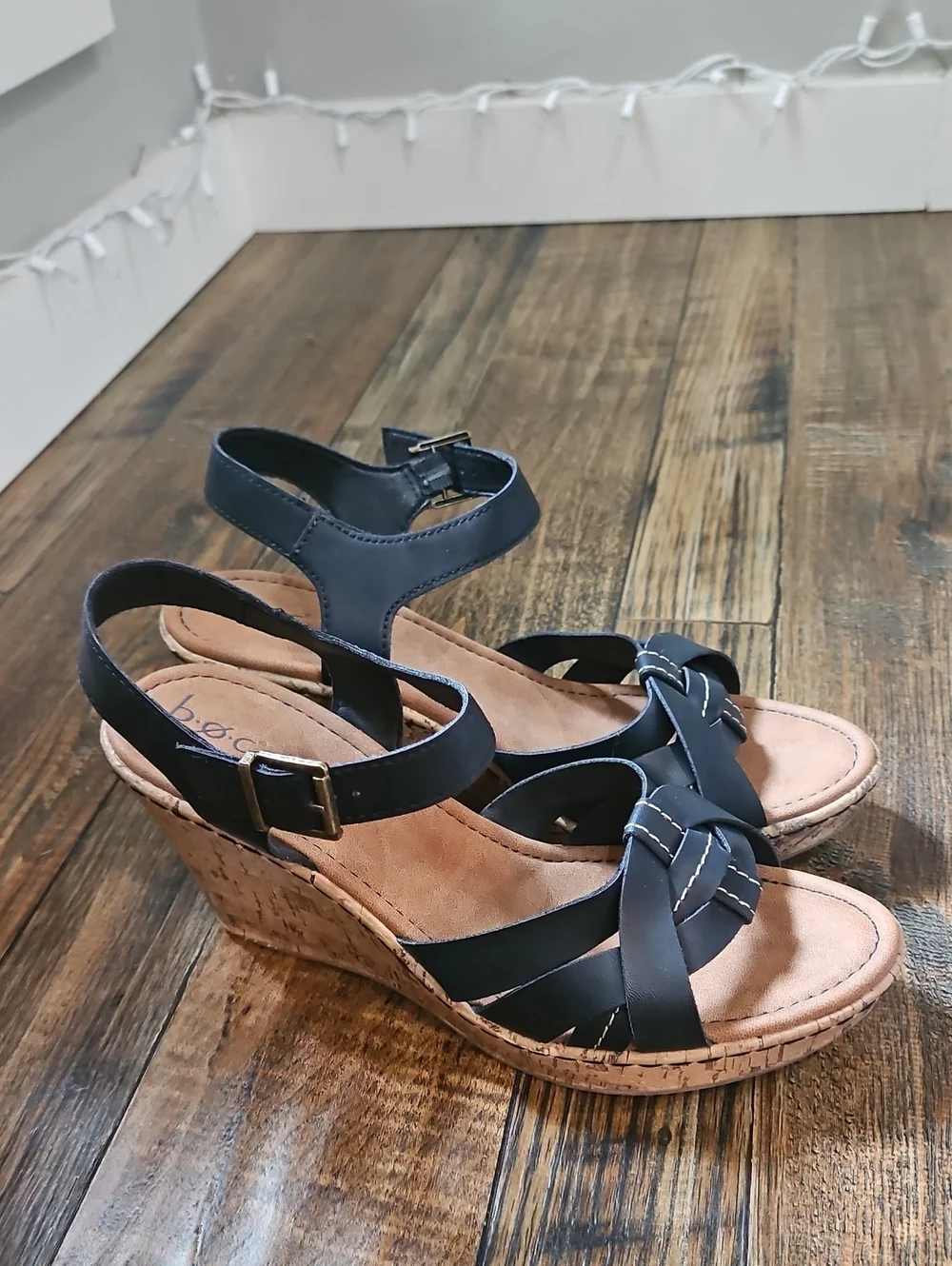 b.o.c Black‎ Leather Women's Cork Wedge Sandals - Ankle Strap Slingback
